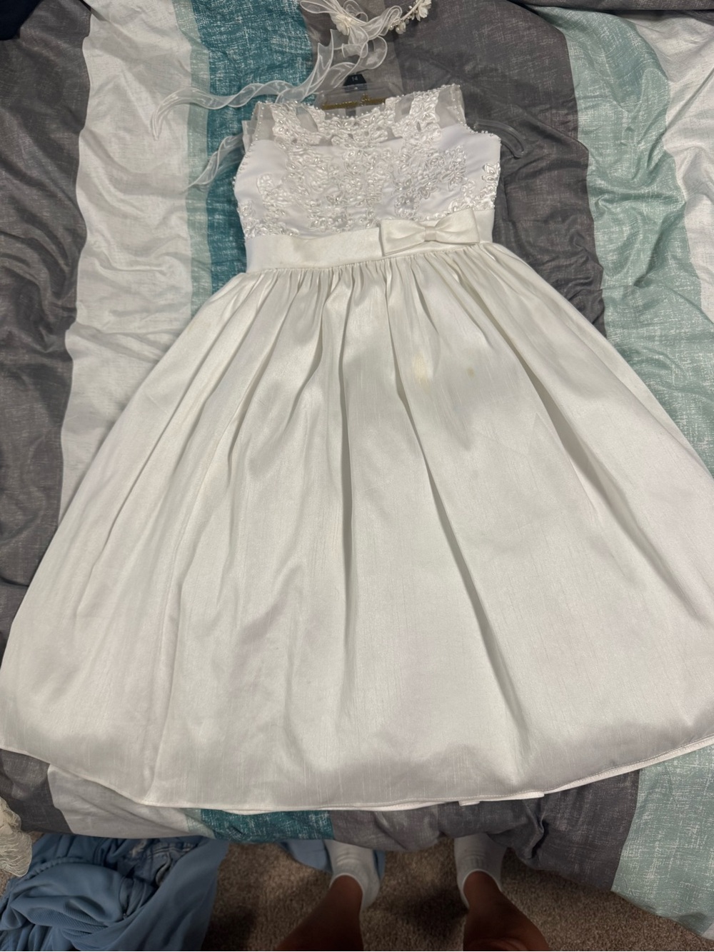 American Princess White Lace Bodice Satin Bow Flower Girl Dress